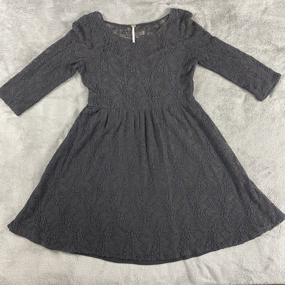 Free‎ People Dress XS Mesh Floral Lace Midnight Blue Long Sleeve Short Mini Boho